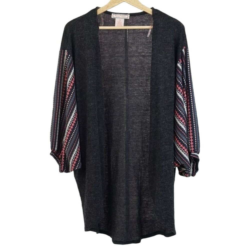 Flying Tomato Sweater Open Cardigan Gray Small Medium Red Boho Geo Loose Tunic